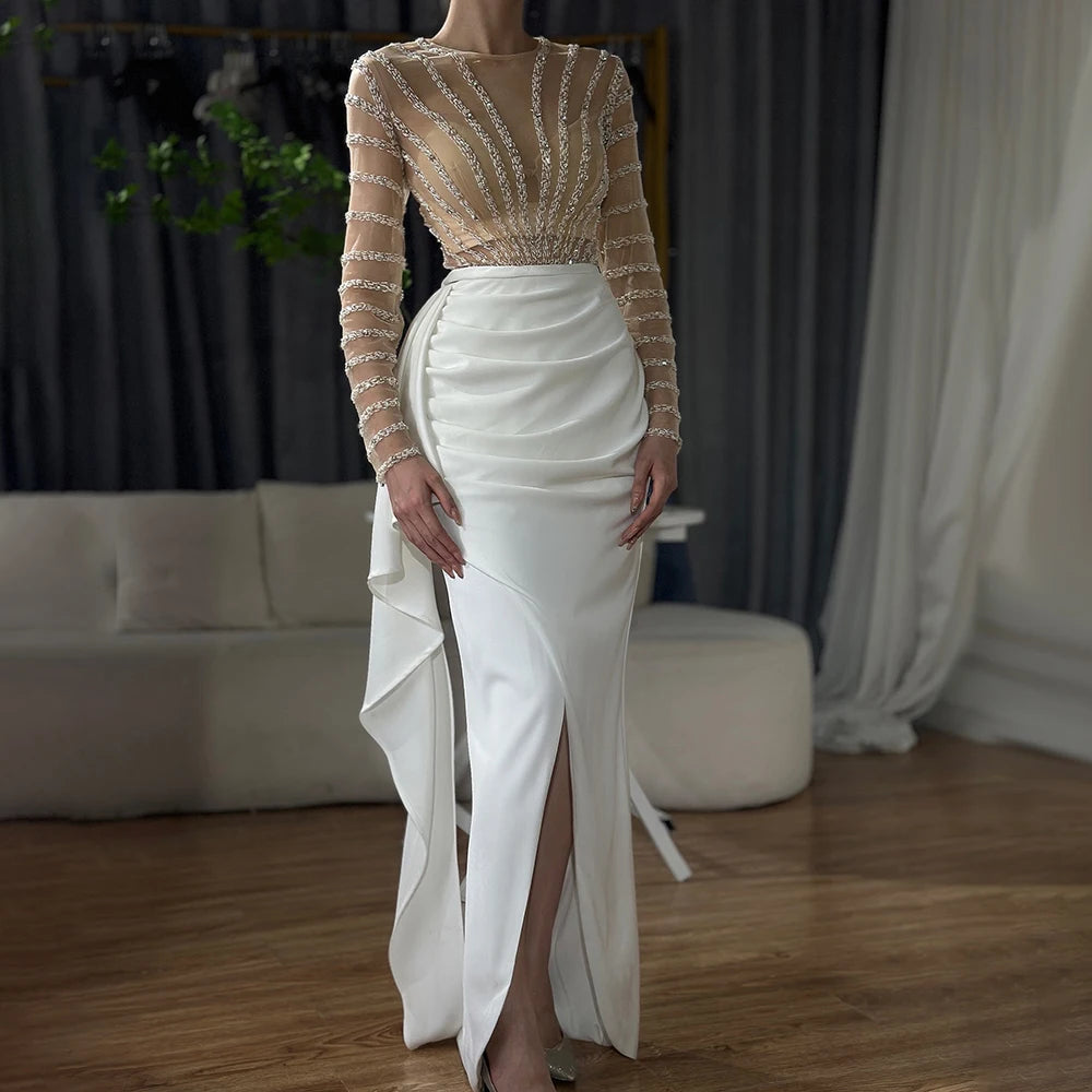 White Long Sleeves Mermaid Split Evening Dresses Design 2025 Beaded Luxury Elegant For Women Party Serene Hill LA71531 - SERENE HILL