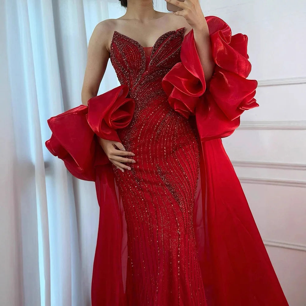 Luxury Designer Red Beaded Mermaid Evening Dress with Cape LA72896 - SERENE HILL
