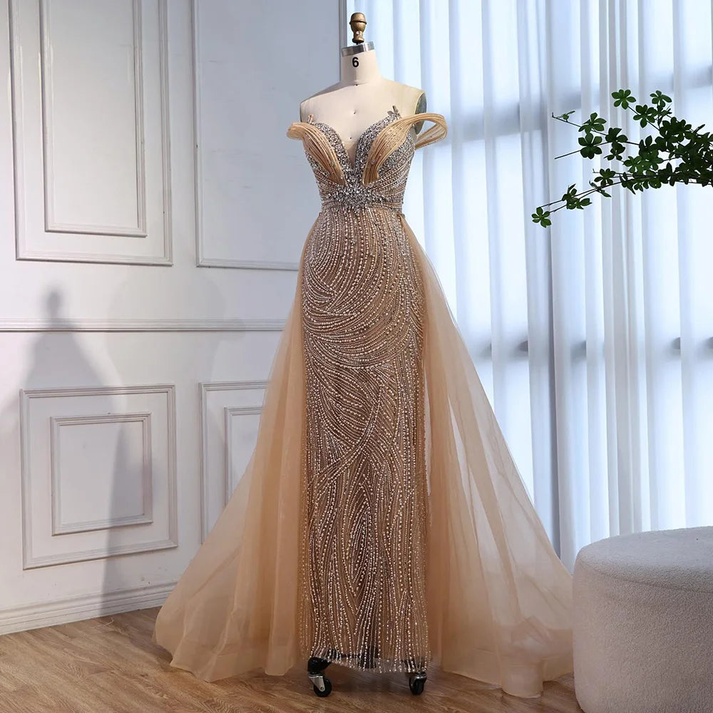 Luxury Nude Mermaid Off Shoulder Beaded Evening Dress with Overskirt LA73131 - SERENE HILL