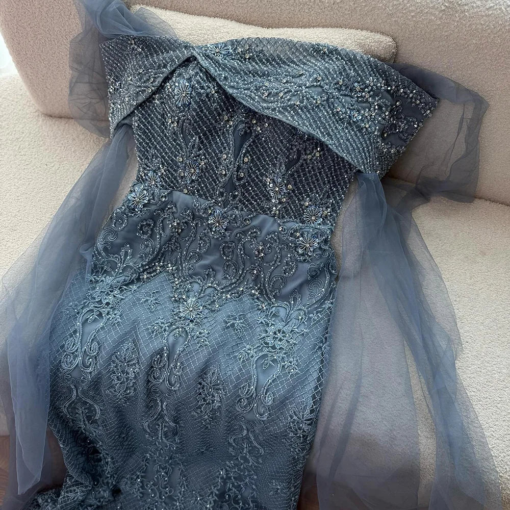 Luxury Blue Lace Off Shoulder Evening Dress for Women LA73125 - SERENE HILL