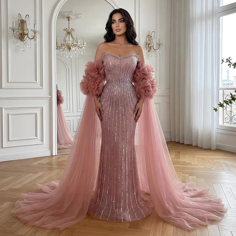 Luxury Pink Beaded Mermaid Arabic Evening Dress with Cape LA73019 Luxury Pink Beaded Mermaid Arabic Evening Dress with Cape LA73019