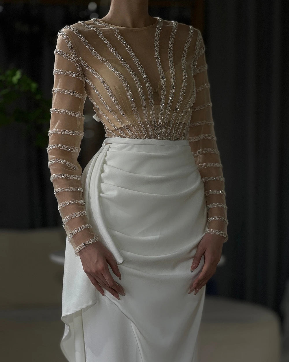 White Long Sleeves Mermaid Split Evening Dresses Design 2025 Beaded Luxury Elegant For Women Party Serene Hill LA71531 - SERENE HILL