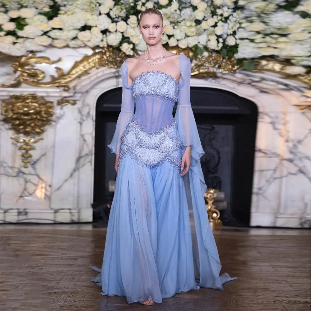 Luxury Blue Evening Dress with Pearls Tassels and Flowing Coat LA72978A - SERENE HILL