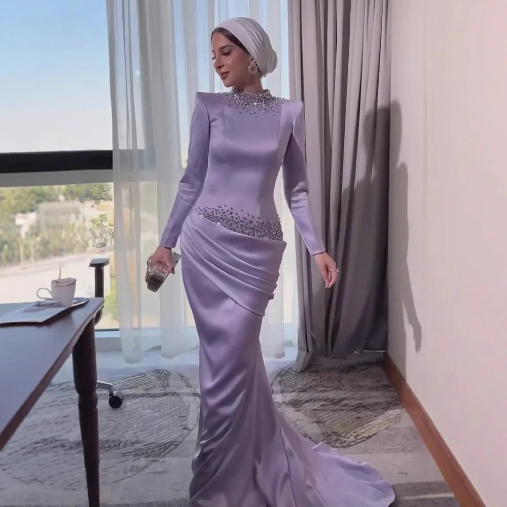 Luxury Muslim Modest Lilac Beaded Long Sleeve Evening Dress LA73093 - SERENE HILL