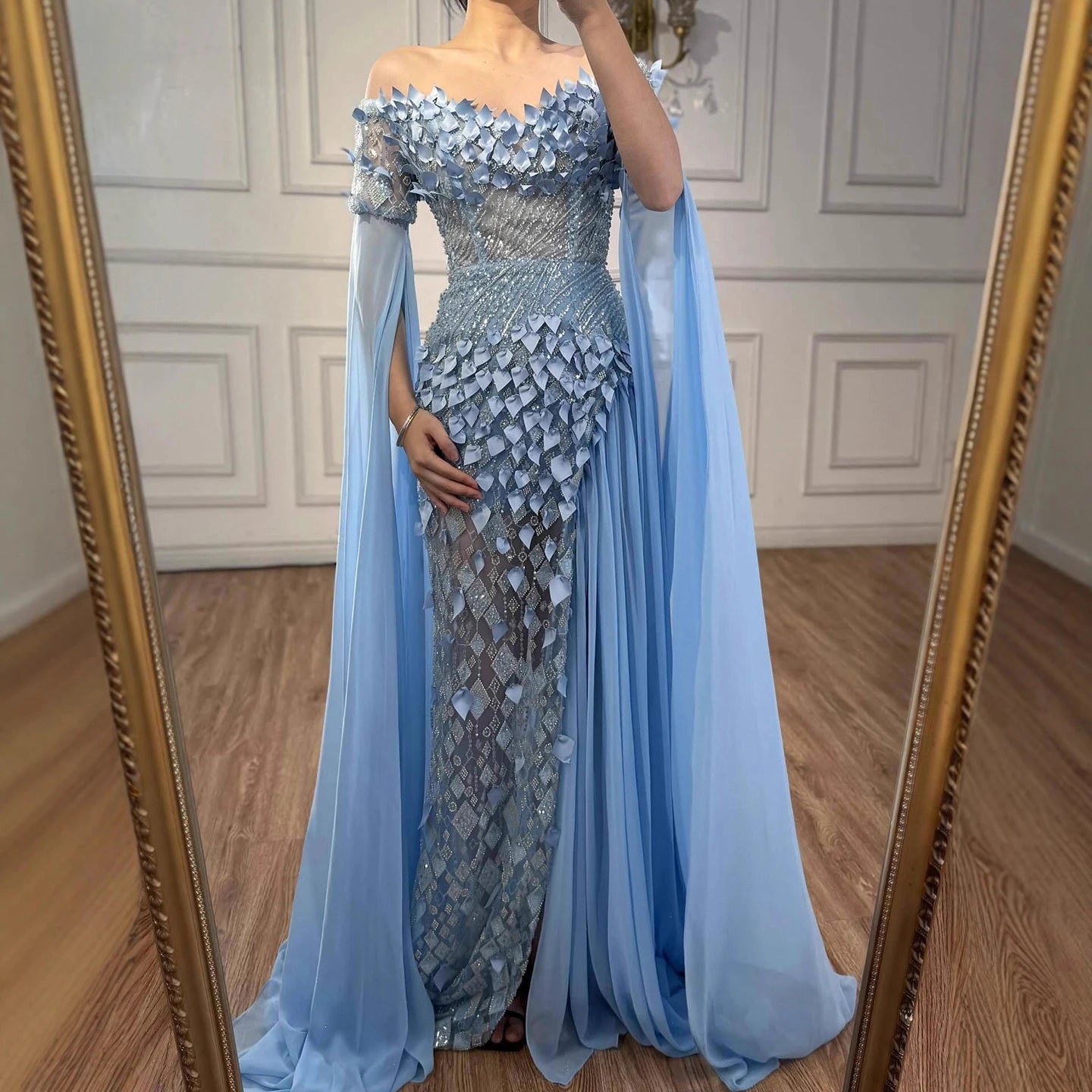 Luxury Dubai Blue 3D Flower Evening Dress With Cape LA73381 - SERENE HILL