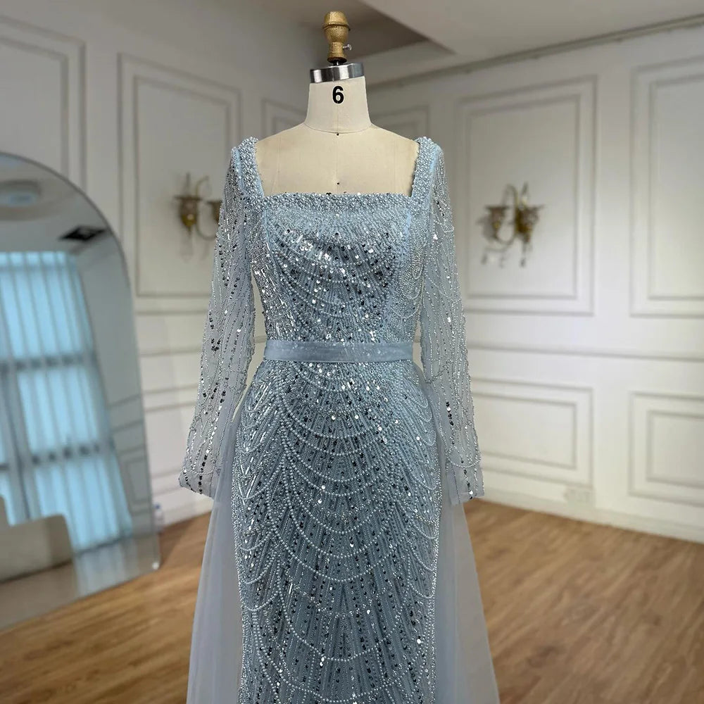 Blue Square Evening Dress With Long Sleeve Plus Size LA72032N - SERENE HILL