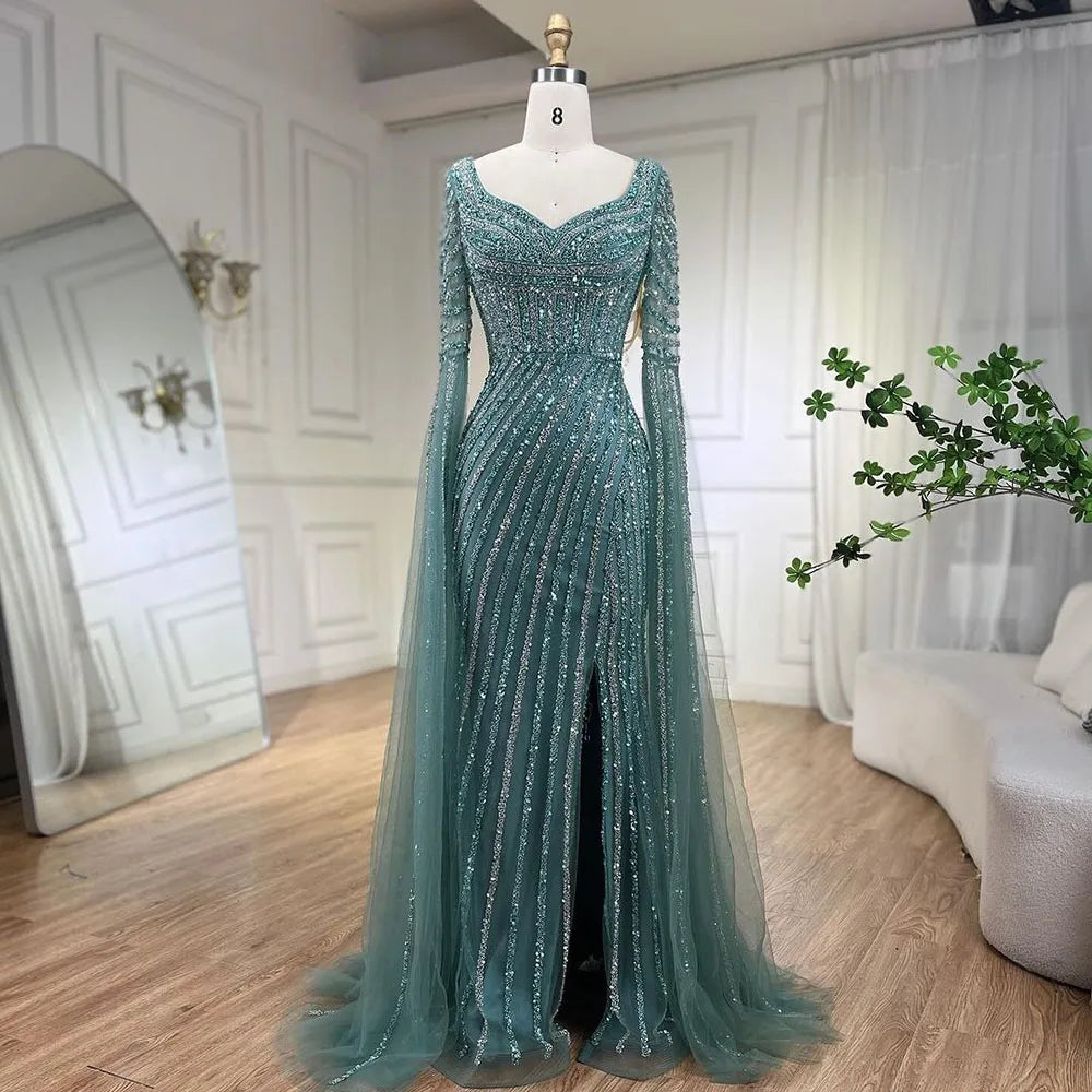 Blue Sweetheart Beaded Long Sleeves Mermaid Evening Gown LA72314 - SERENE HILL