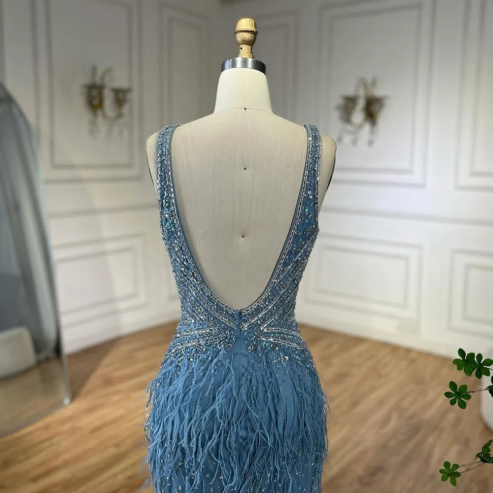 Serene Hill Gold Sexy High Split Mermaid Evening Dresses Gowns Backless Luxury Beaded Feather 2025 For Women Party LA71583 - SERENE HILL