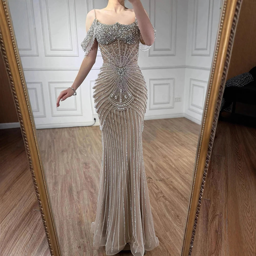 Luxury Sage Green Pearls Beaded Mermaid Evening Dress Off Shoulder LA73148 - SERENE HILL