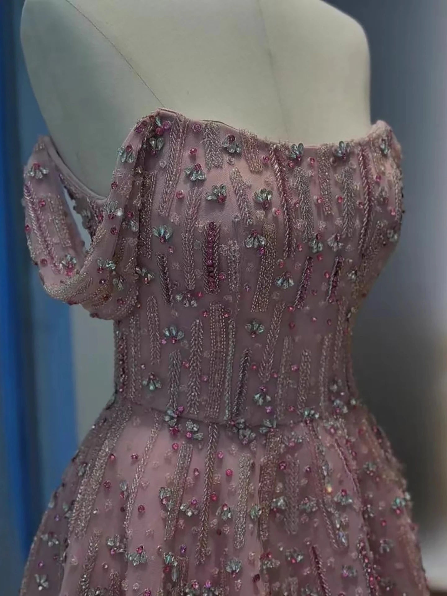 Luxury Arabic Pink Off Shoulder Beaded A-Line Evening Dress LA73326 - SERENE HILL