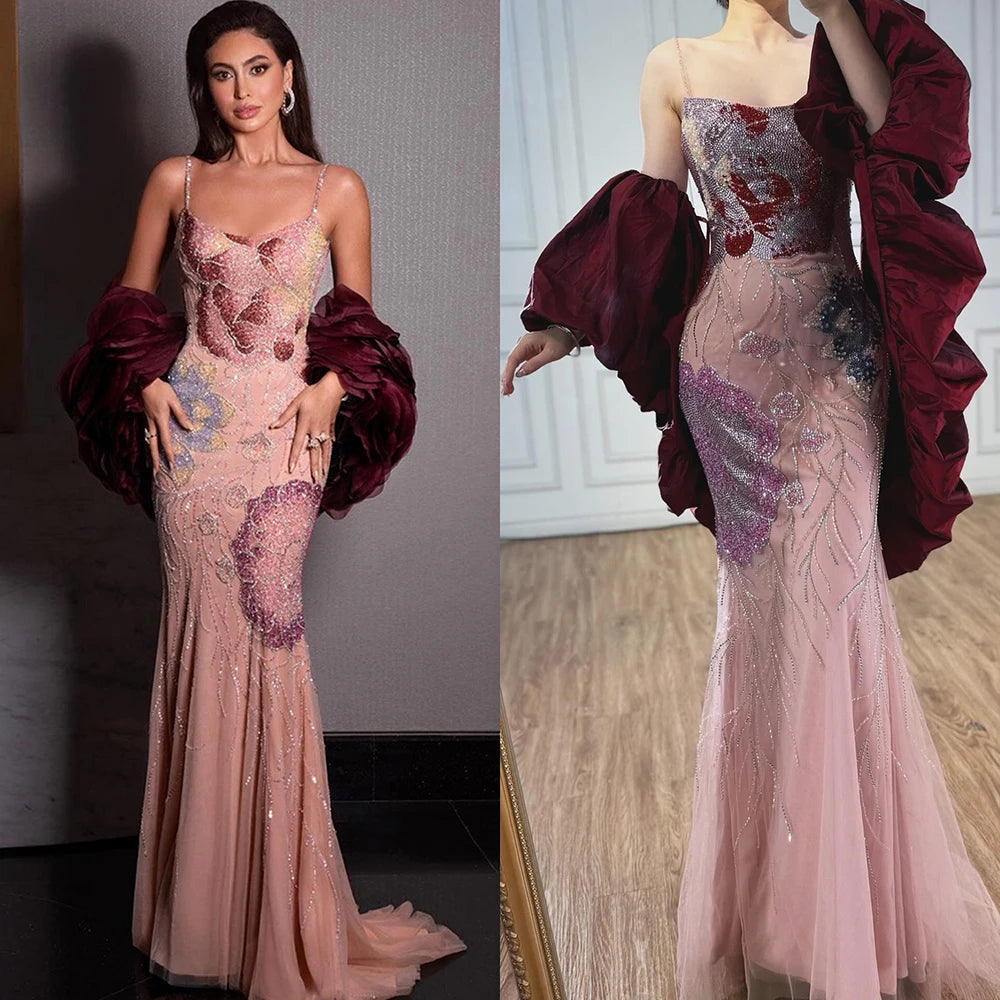 Luxury Designer Dreamy Pink Evening Dress With Cape Sleeves LA72850 - SERENE HILL