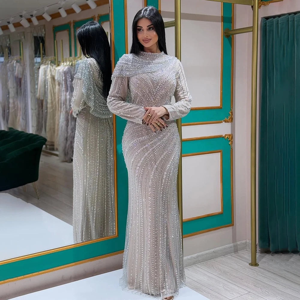 Muslim Silver Nude Beaded Long Sleeves Evening Dress LA70752H - SERENE HILL