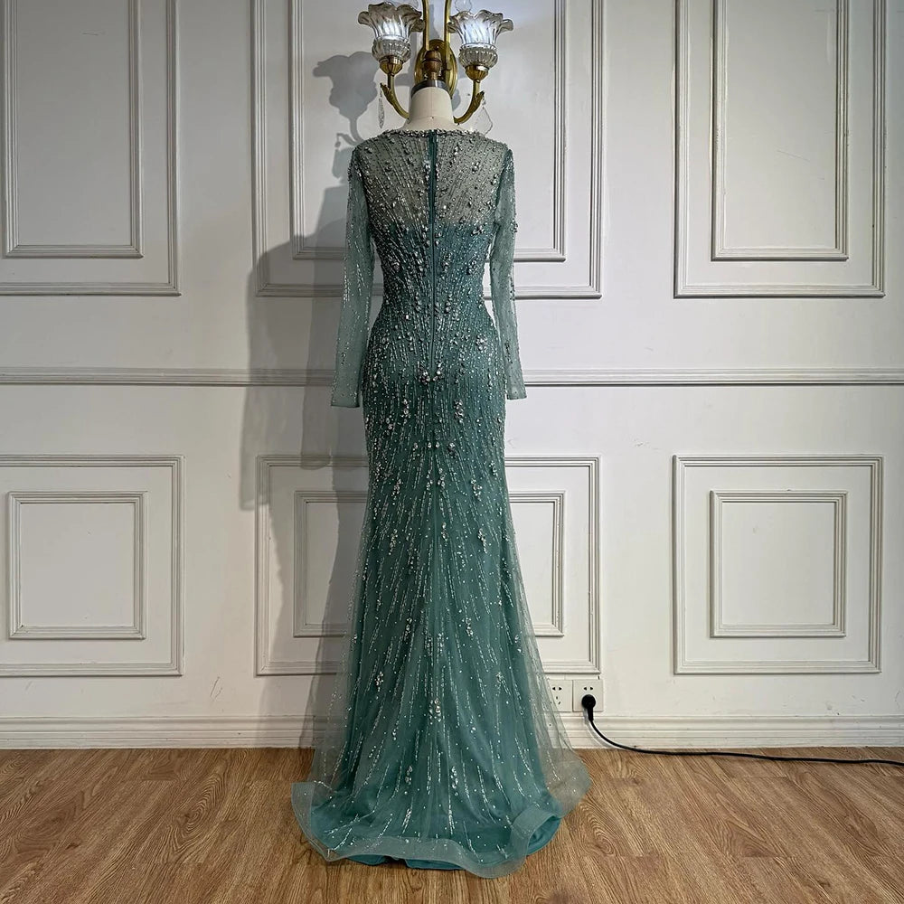 Luxury Turquoise Crystal Beaded Evening Dress Elegant Slit Gown LA73179 - SERENE HILL
