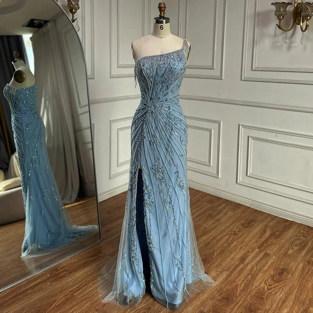 Luxury Caramel One Shoulder Beaded Slit Evening Gown with Tassel Detail LA72926 - SERENE HILL