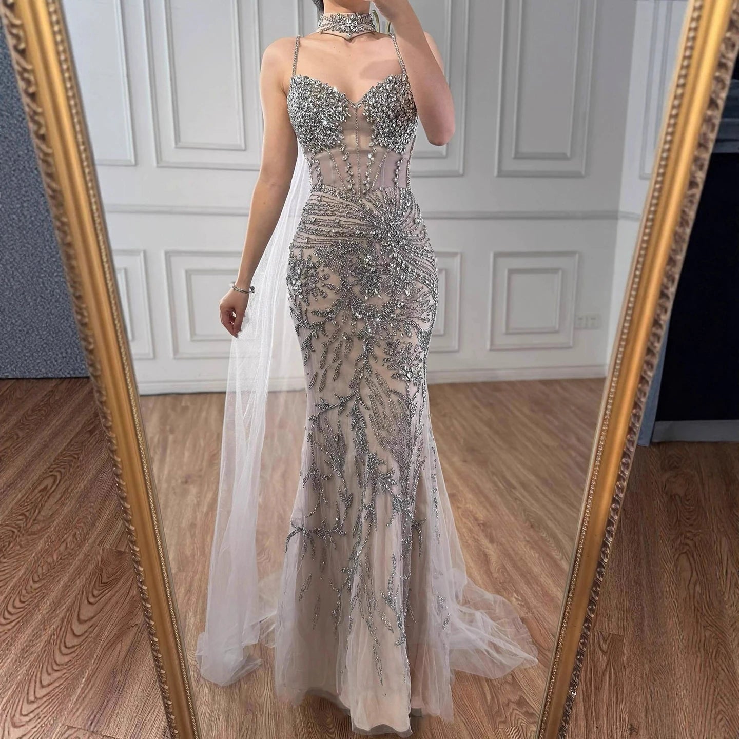 Luxury Evening Dress Grey Beaded With Cape Prom Gown LA73342 - SERENE HILL