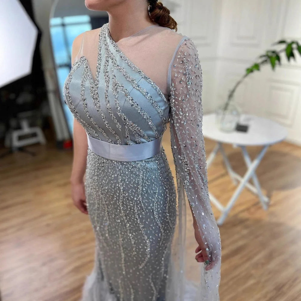 Elegant Nude One Shoulder Feather Beaded Mermaid Evening Dress LA71096 - SERENE HILL