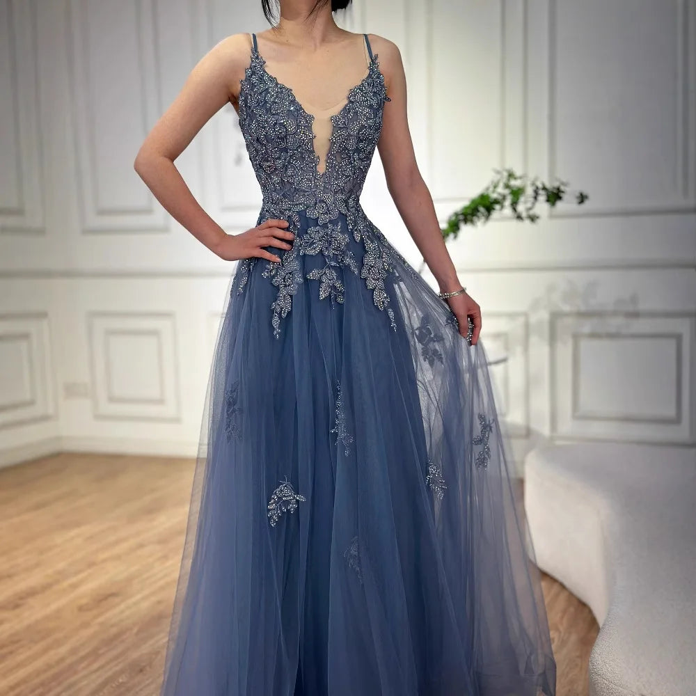 Luxury Sage Green Lace A-Line Prom Dress with Spaghetti Straps LA73005 - SERENE HILL
