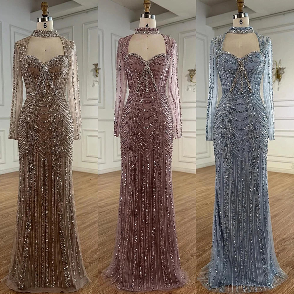 Caramel Beaded Mermaid Evening Dress with Long Sleeves LA72560B - SERENE HILL