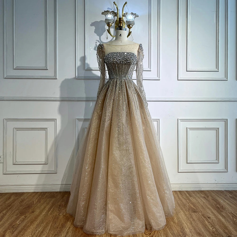 Luxury Caramel Sparkly A-Line Evening Dress with Long Sleeves LA72991 - SERENE HILL