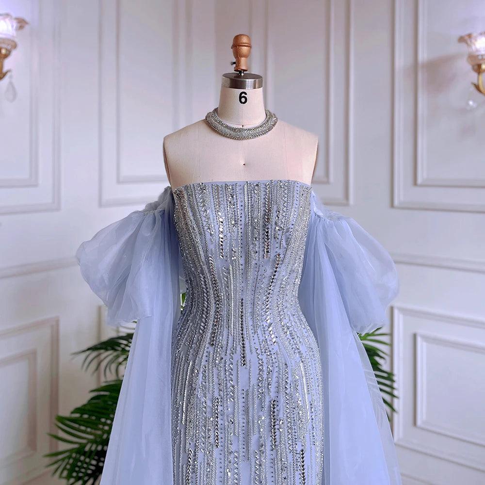Luxury Dubai Arabic Blue Mermaid Balloon Sleeves Beaded Evening Dresses LA71823 - SERENE HILL
