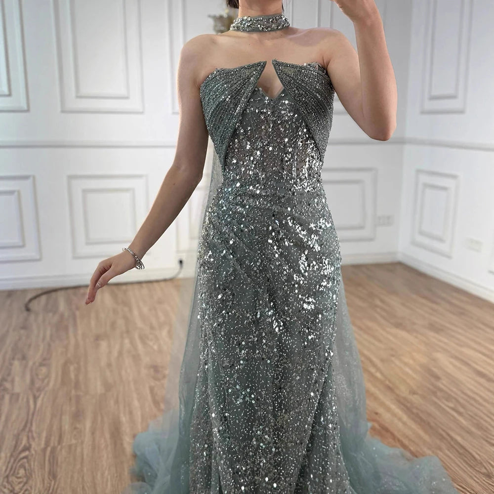 Luxury Gray Beaded Evening Dress with Long Cape LA73159 - SERENE HILL