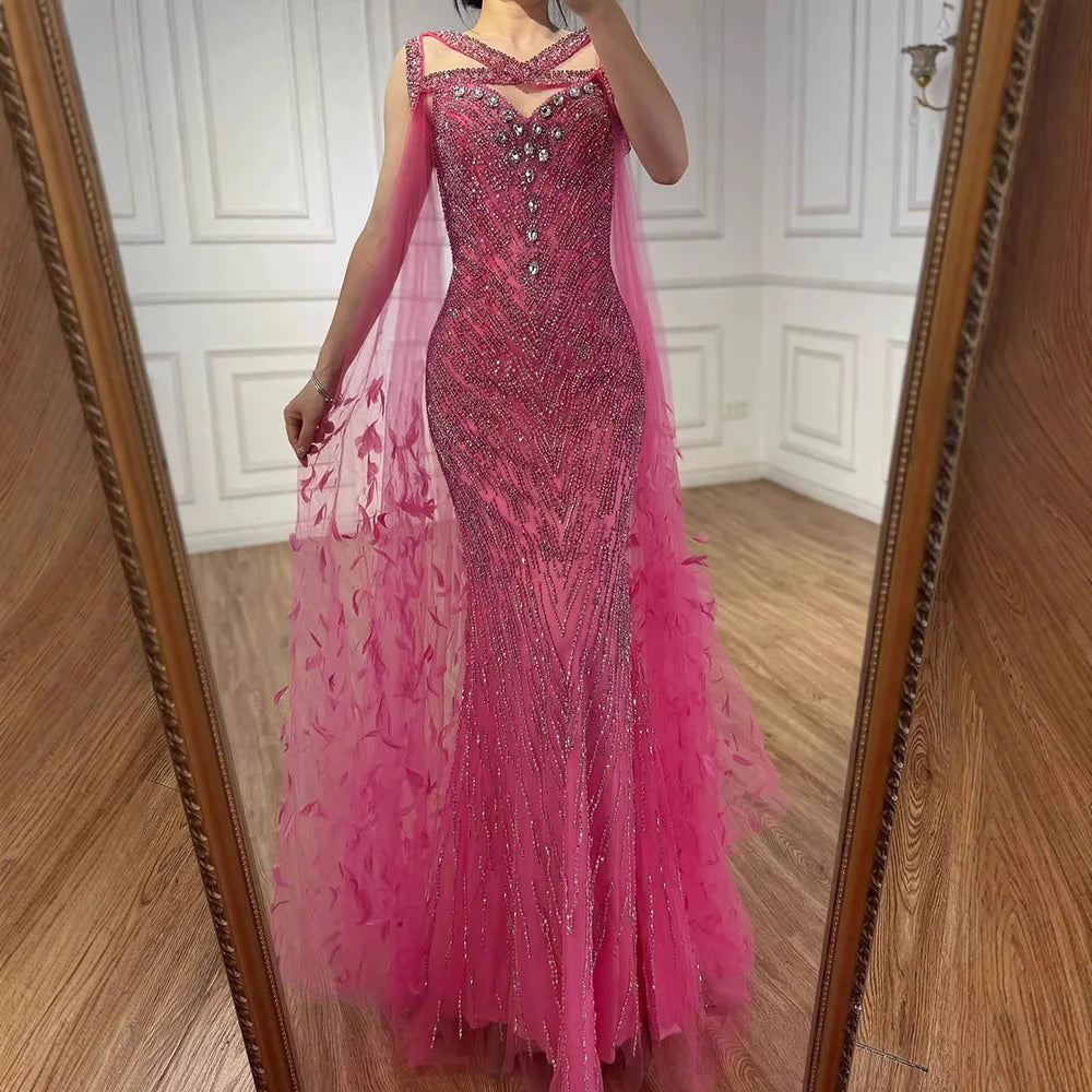 Luxury Fuchsia Mermaid Evening Dress with Cape Sleeves and Feathers LA72286 - SERENE HILL