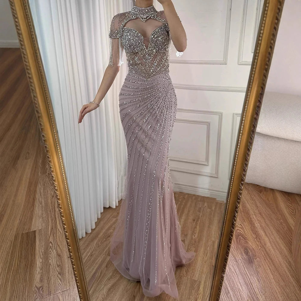 Luxury Pink Beaded Tassel Mermaid Evening Dress Long Gown LA73184 - SERENE HILL