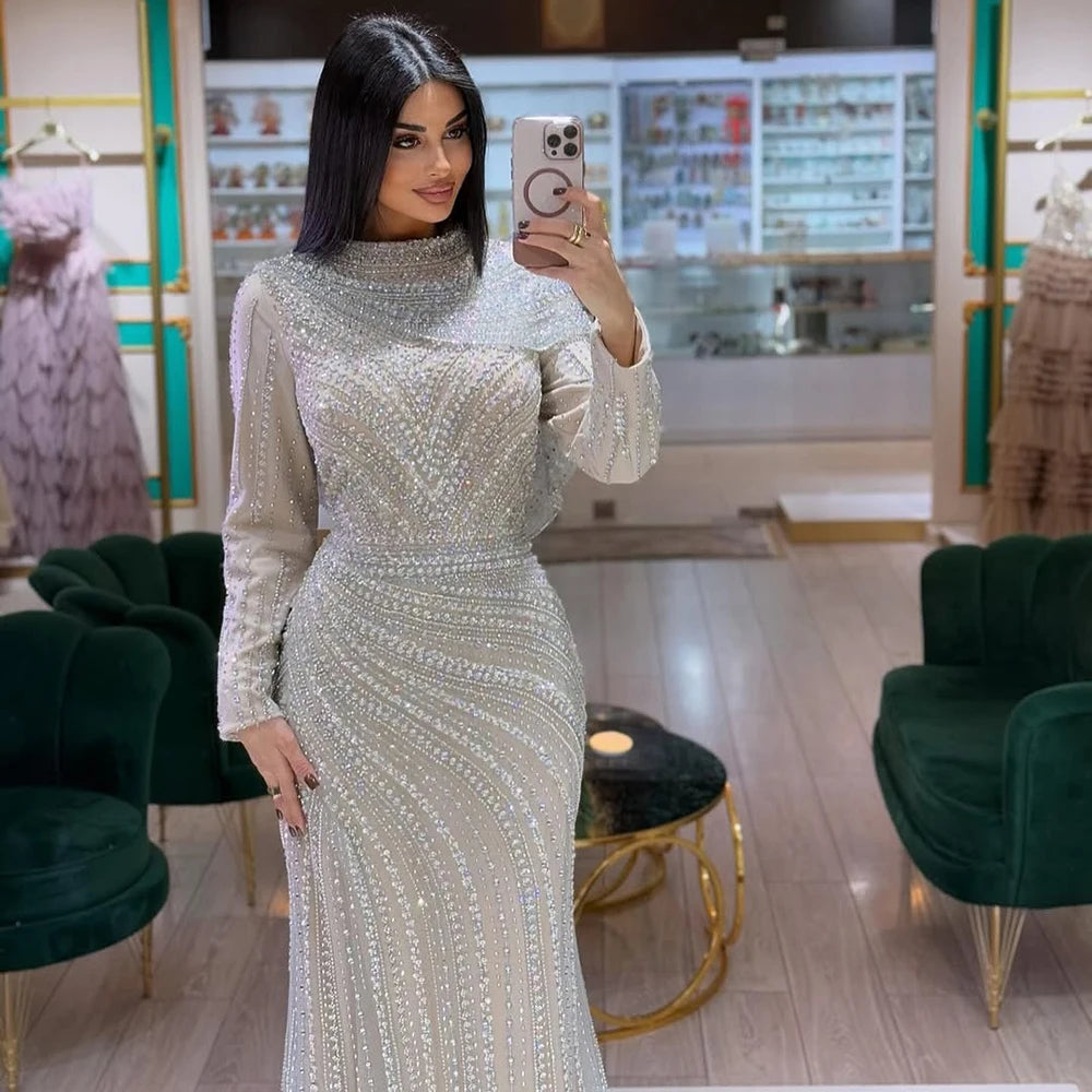 Muslim Silver Nude Beaded Long Sleeves Evening Dress LA70752H - SERENE HILL