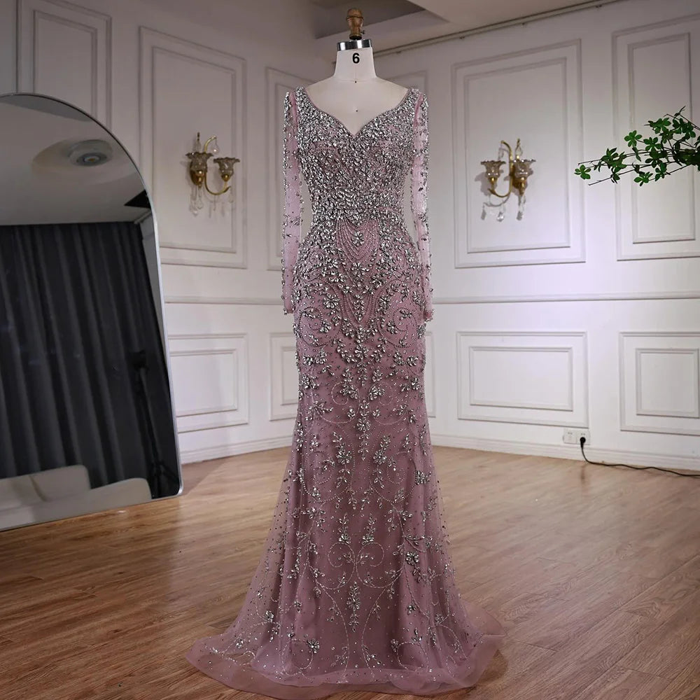 Luxury Nude Beaded Crystal Evening Dress with Long Sleeves LA73042 - SERENE HILL
