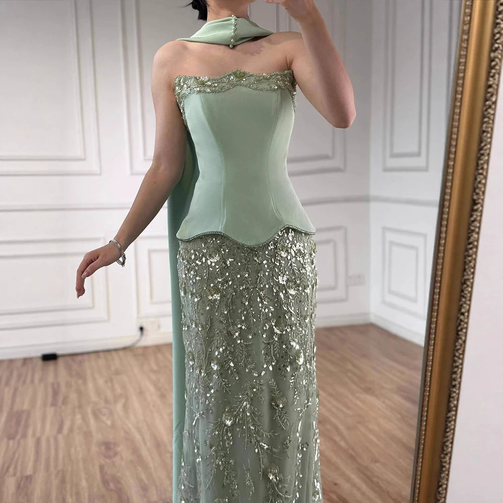 Luxury Sage Green Beaded Mermaid Evening Dress LA73050C - SERENE HILL