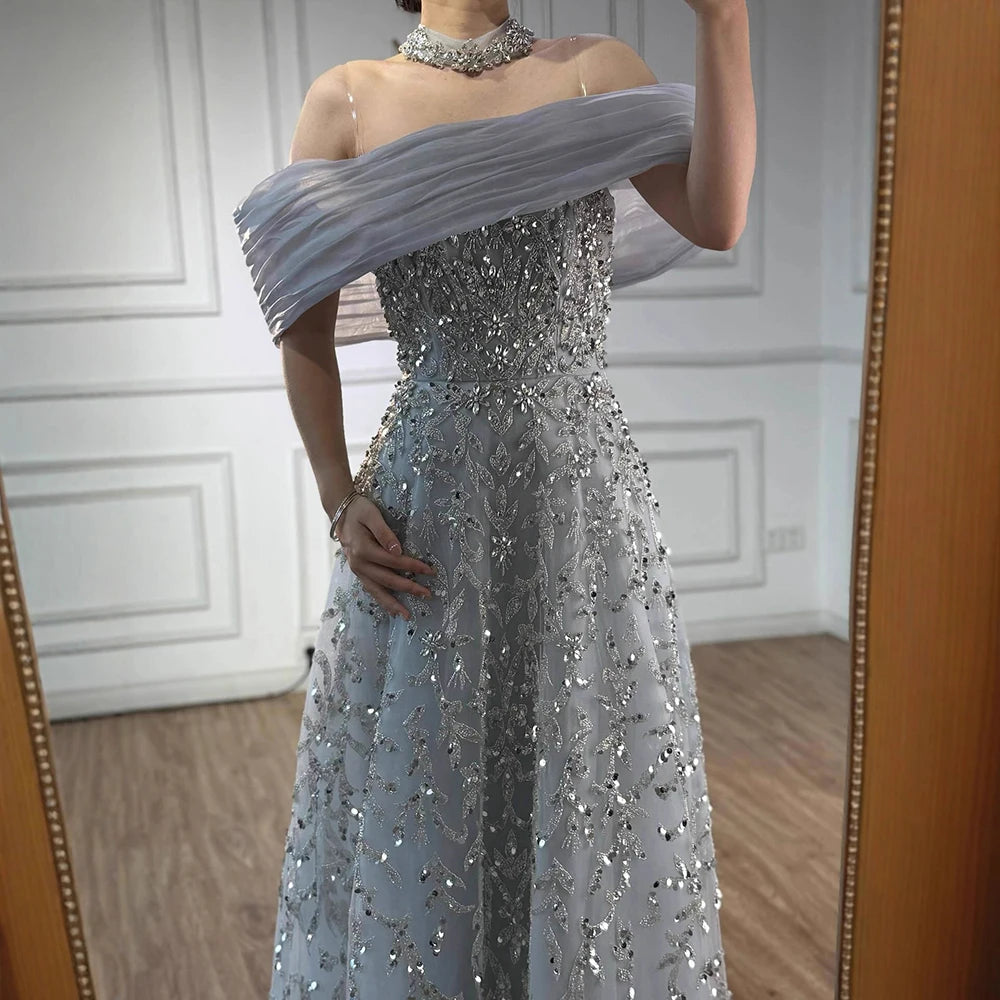Glamorous Silver Gray Off-Shoulder Beaded Evening Dress LA73062 - SERENE HILL