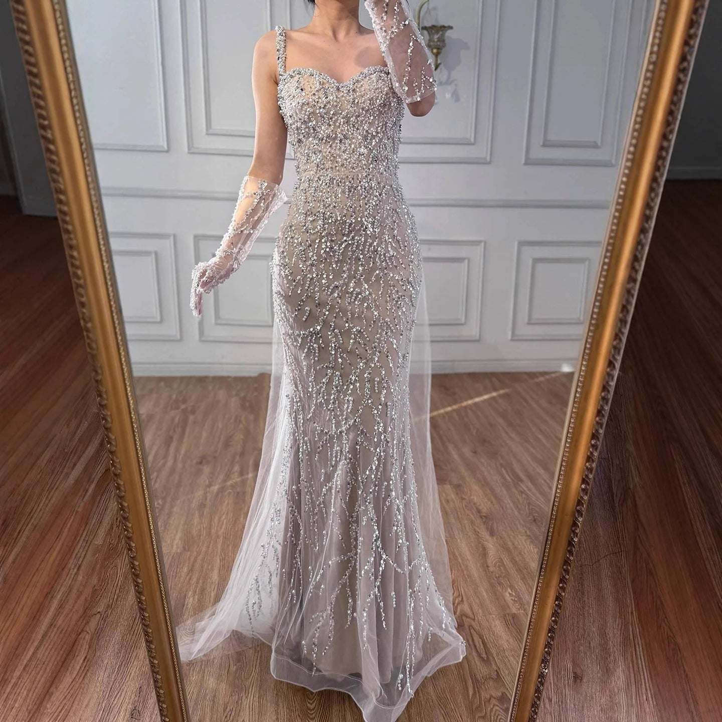 Luxury Lace Pearls Mermaid Evening Dress With Glove White Nude LA72345E Nude / 16 Luxury Lace Pearls Mermaid Evening Dress With Glove White Nude LA72345E Nude / 16