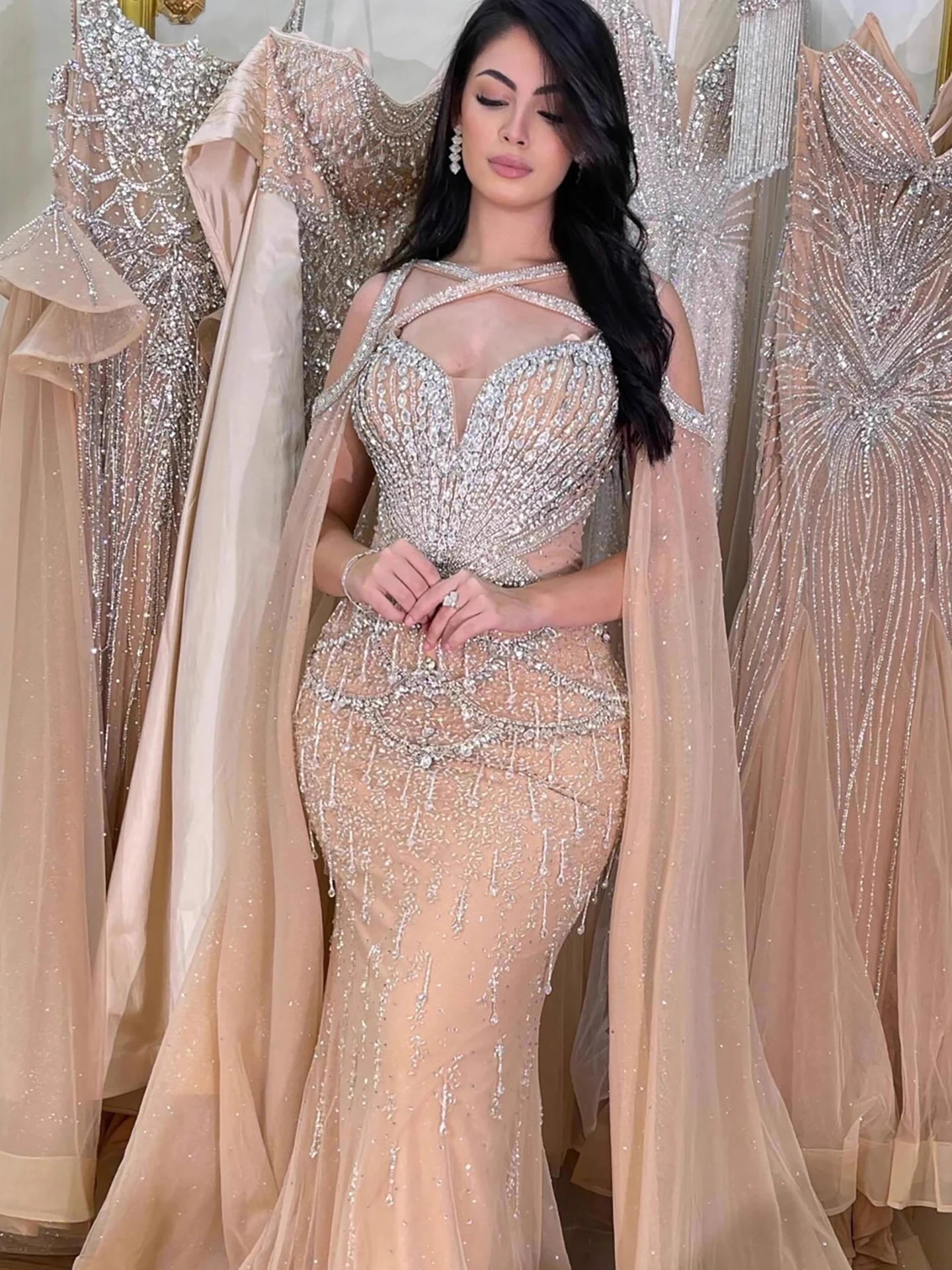 Luxury Nude Cape Sleeves Beaded Crystal Evening Dress LA72806 - SERENE HILL