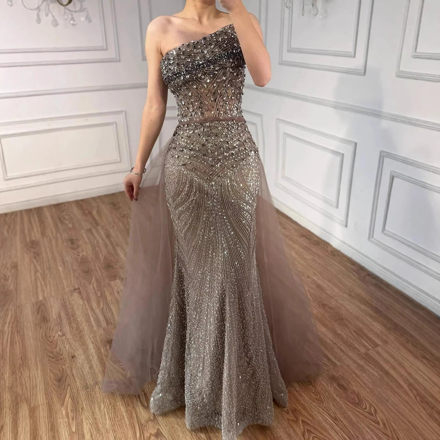 Luxury Olive Green Beaded Mermaid Evening Dress with Detachable Overskirt LA73164A - SERENE HILL