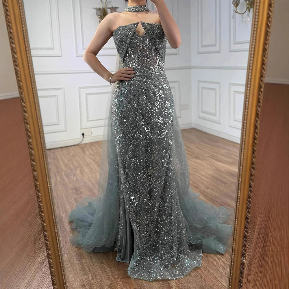 Luxury Gray Beaded Evening Dress with Long Cape LA73159 - SERENE HILL