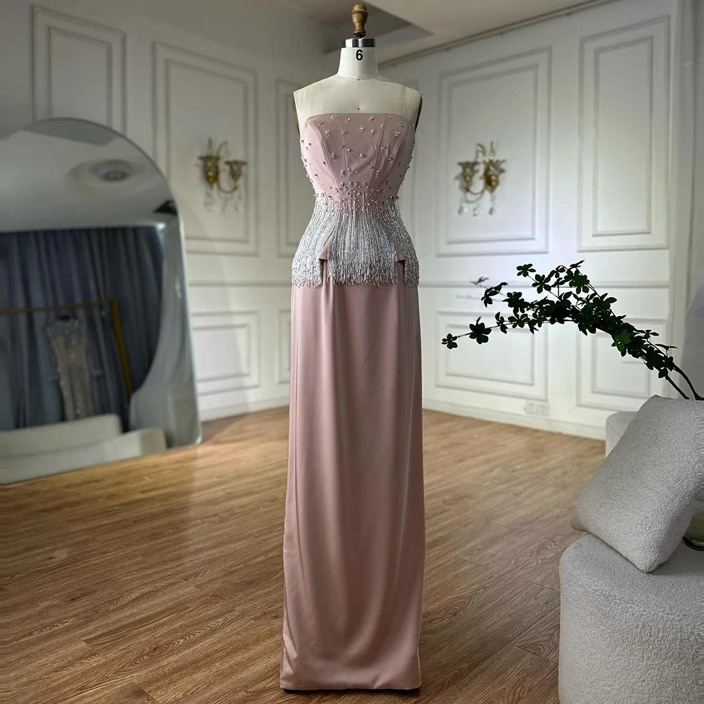 Luxury Dubai Saudi Nude Pink Arabic Mermaid Evening Dresses Gowns Beaded Tassel for Occasion LA72804 - SERENE HILL