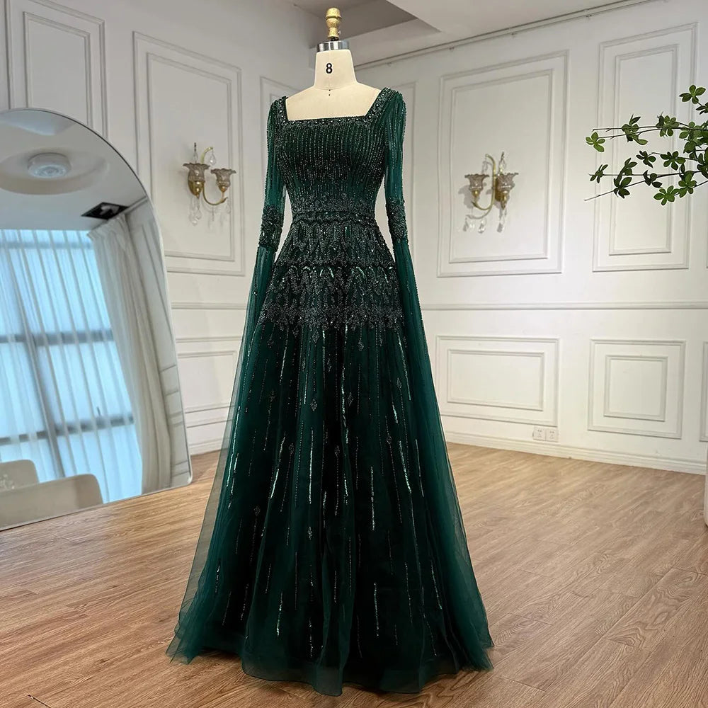 Luxury Green A-LineBeaded Evening Dress with Cape Sleeves LA73089 - SERENE HILL