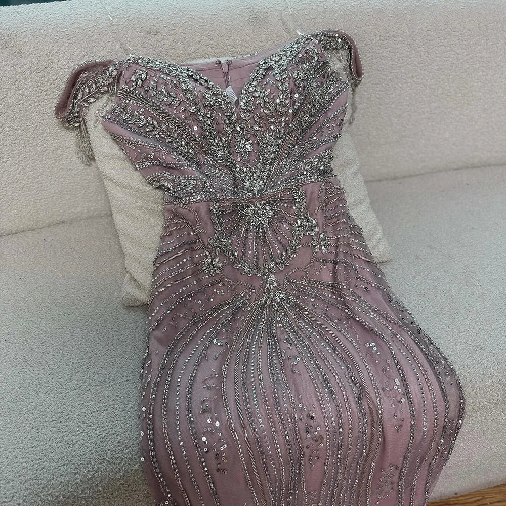 Luxury Pink Crystal Tassel Off Shoulder Evening Dress Dubai LA73204 - SERENE HILL
