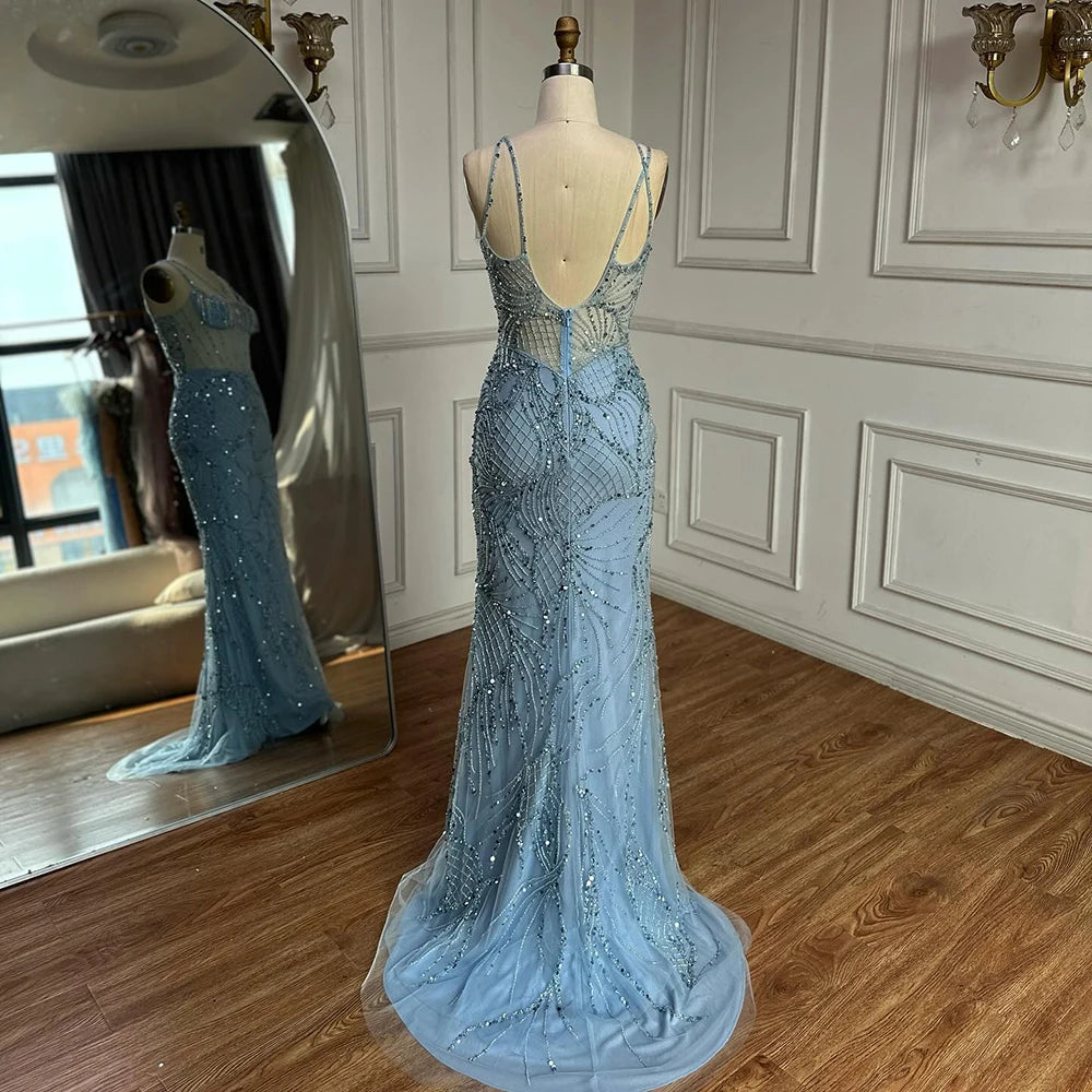 Luxury nude Spaghetti Strap Beaded Mesh Evening Dress LA72927 - SERENE HILL