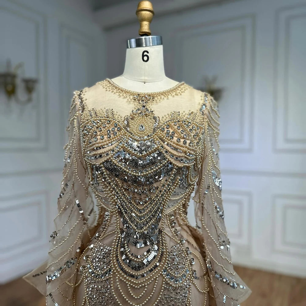 Luxury Arabic Nude Evening Dress Long Sleeve Overskirt LA72971 - SERENE HILL