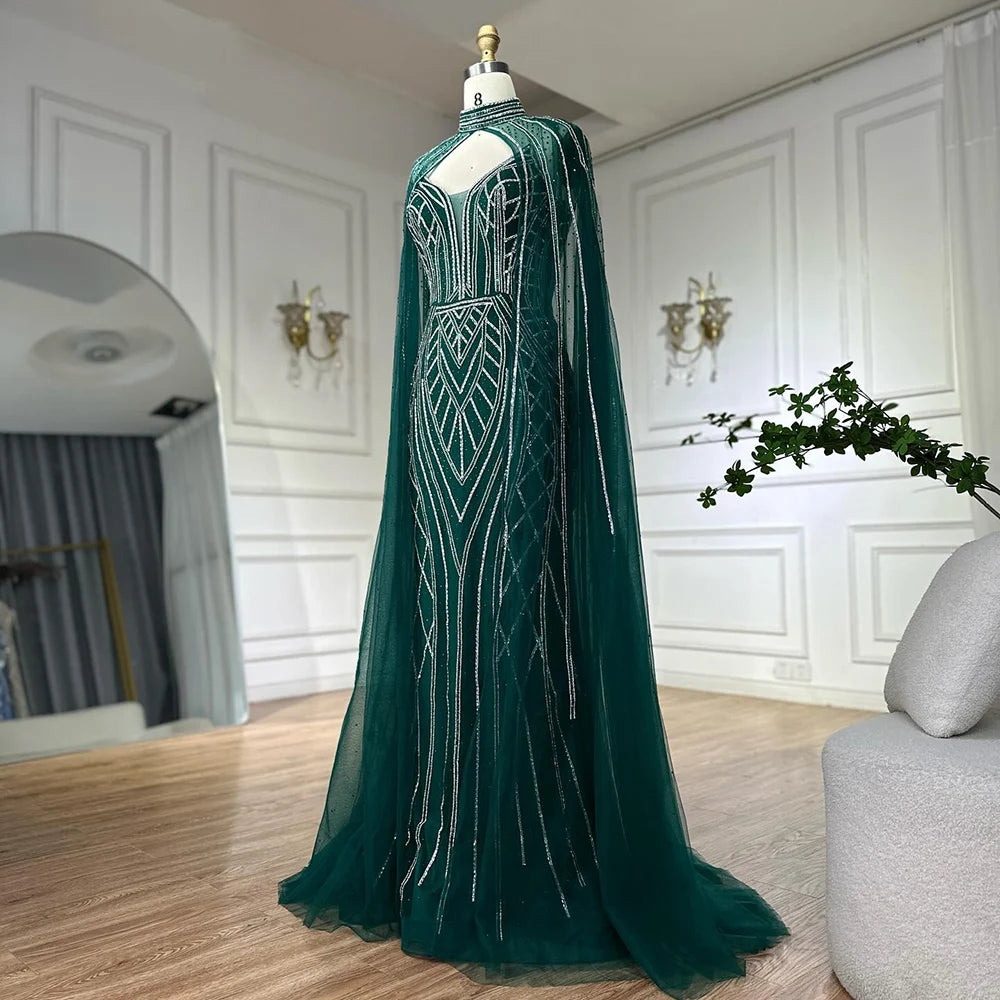 Luxury Dubai Saudi Green Mermaid Arabic Evening Dresses with Beaded Cape Sleeves for Formal Occasion LA72838 - SERENE HILL