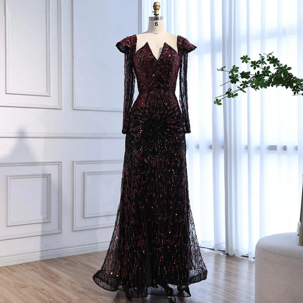 Luxury Wine Red Sequined Long Sleeve Evening Dress LA73126 Wine Red / 8 Luxury Wine Red Sequined Long Sleeve Evening Dress LA73126 Wine Red / 8