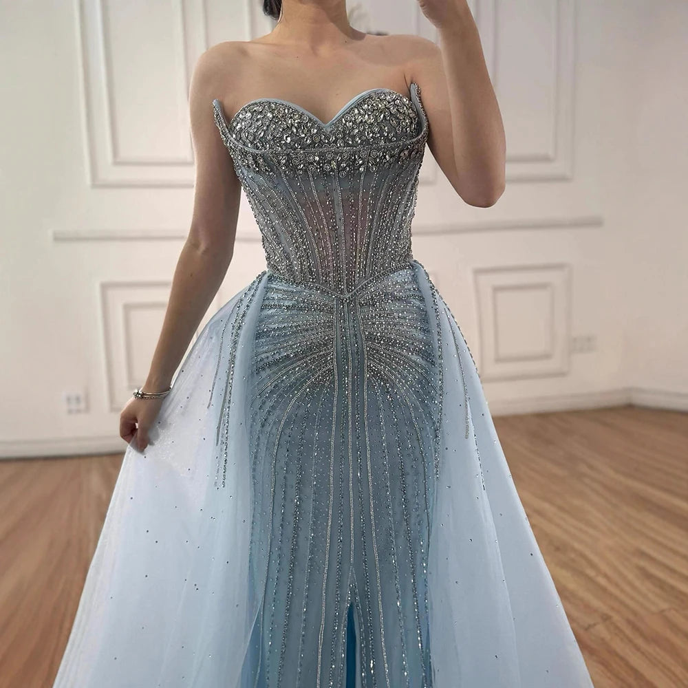 Luxury Dubai Nude Beaded Mermaid Evening Dress with Overskirt LA72811 - SERENE HILL