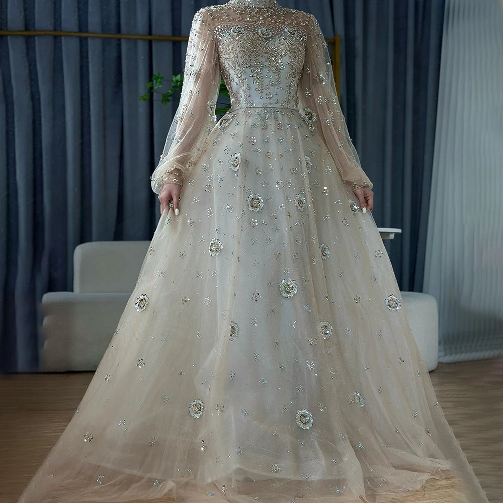 Elegant Champagne Evening Dress with Long Sleeves LA72594 - SERENE HILL