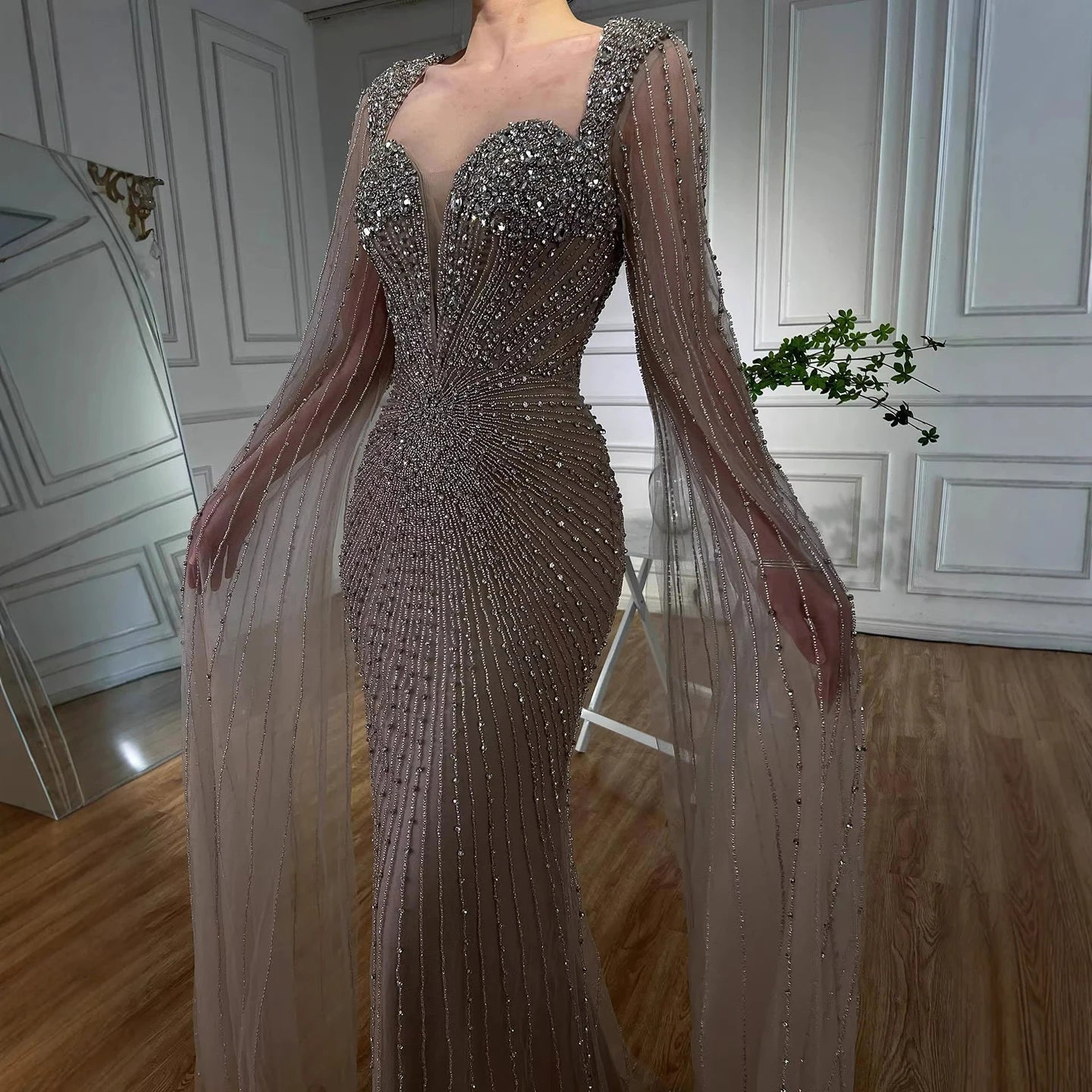 Luxury Caramel Crystal Beaded Mermaid Evening Dress with Cape LA72575D - SERENE HILL