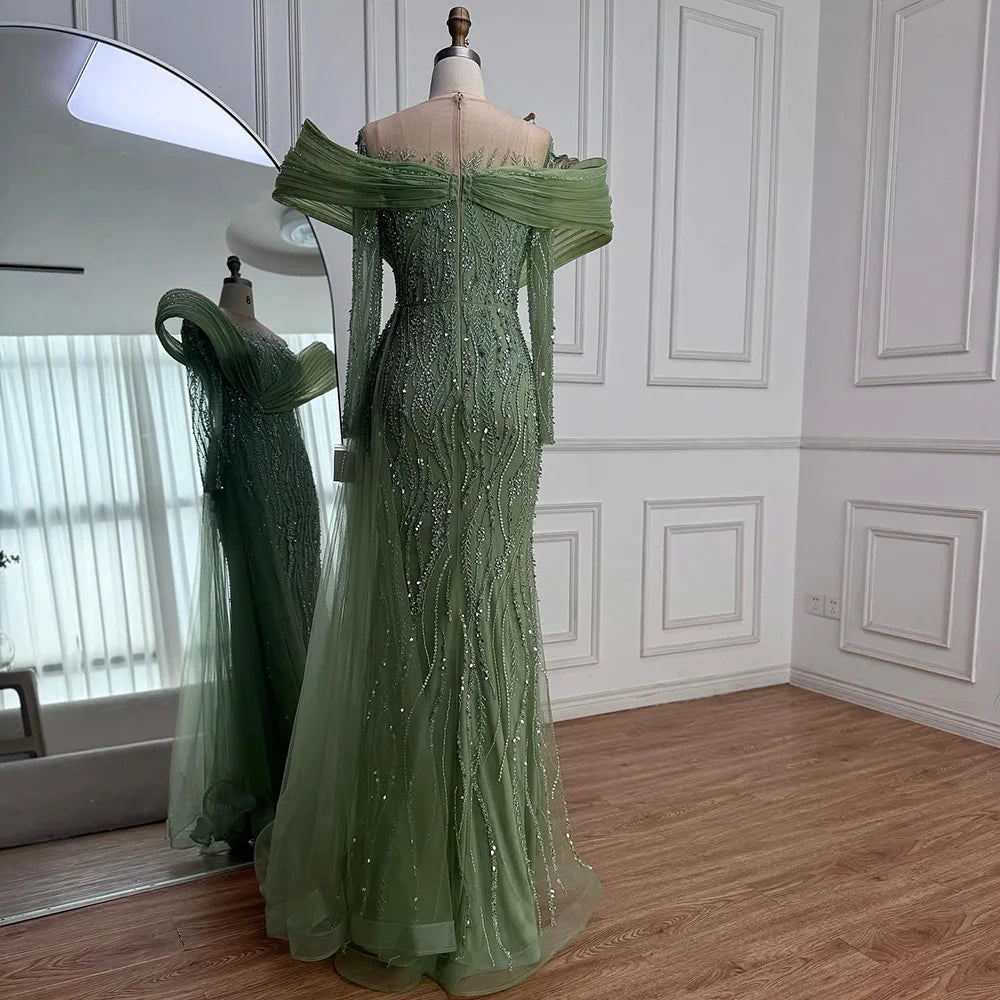 Elegant Sage Green Beaded Evening Dress with Flowing Hem LA72928 - SERENE HILL
