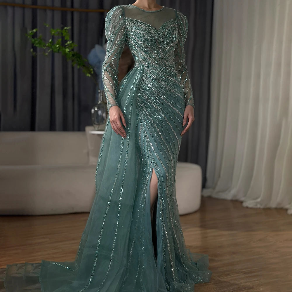 Serene Hill 2025 Arabic Turquoise Mermaid Split Beaded Luxury Dubai Long Evening Dresses Gowns for Women Wedding Party LA72448 - SERENE HILL