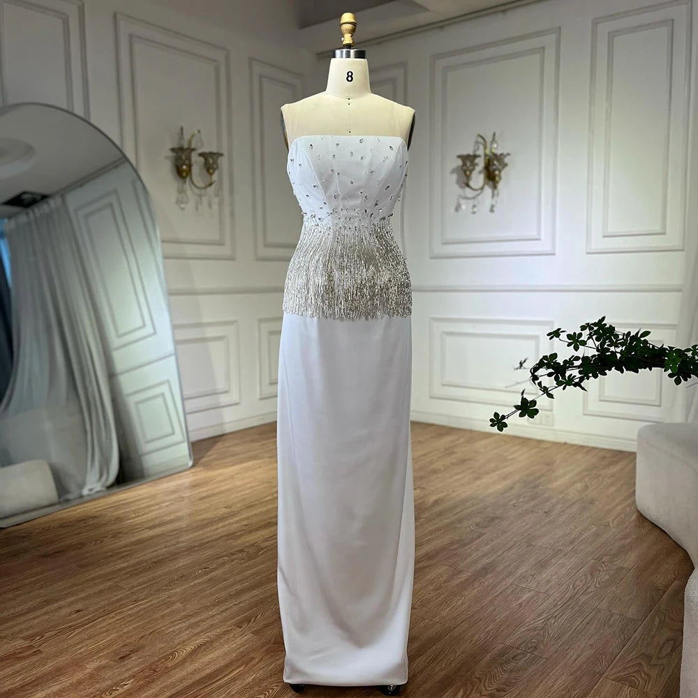 Luxury Dubai Saudi Nude Pink Arabic Mermaid Evening Dresses Gowns Beaded Tassel for Occasion LA72804 - SERENE HILL