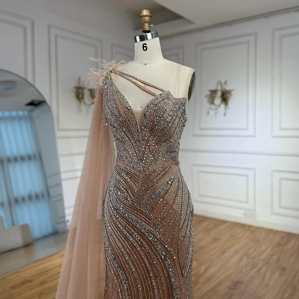 Luxury Caramel One Shoulder Beaded Mermaid Evening Dress LA72895 - SERENE HILL