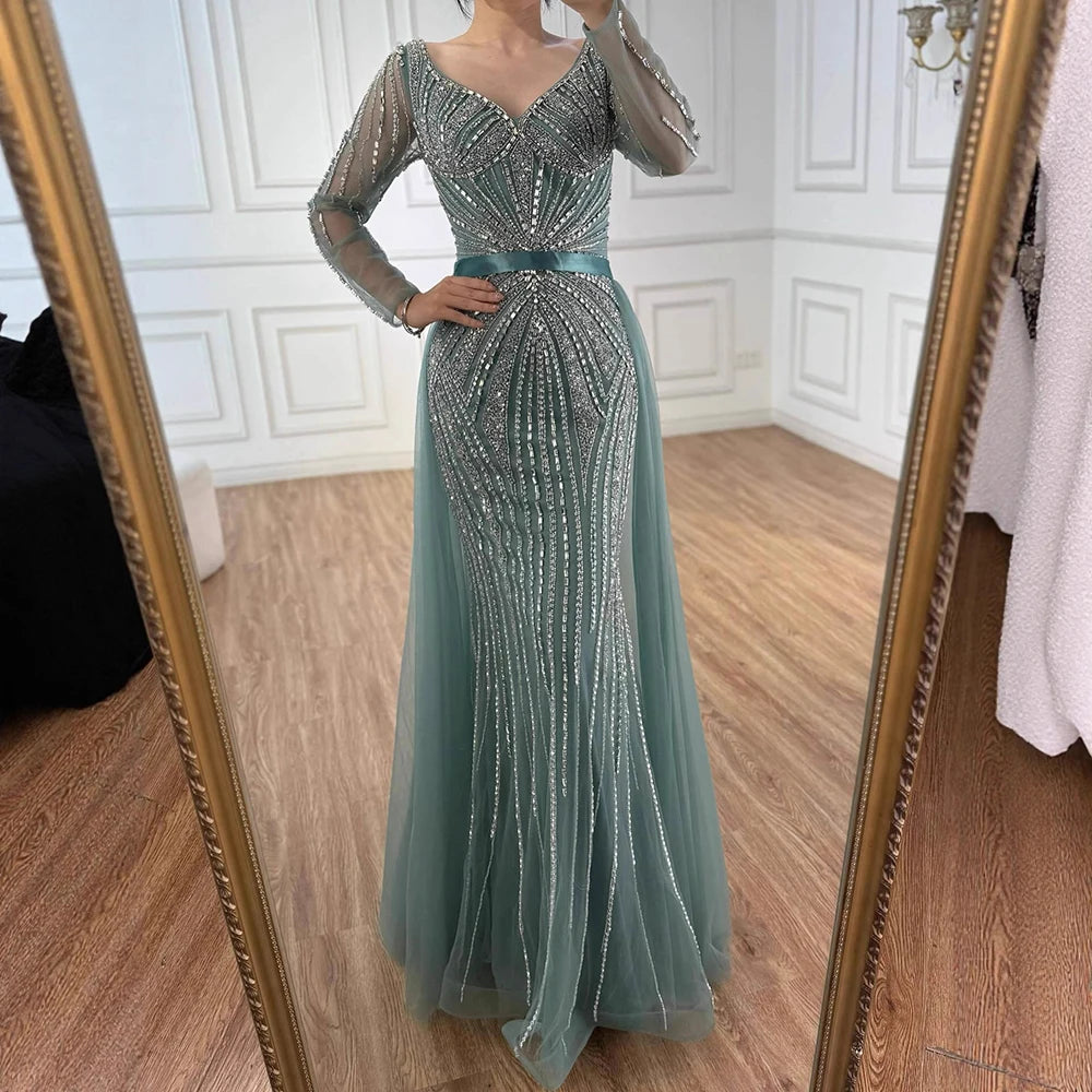 Luxury Nude Beaded Evening Dress with Detachable Overskirt LA73156 - SERENE HILL